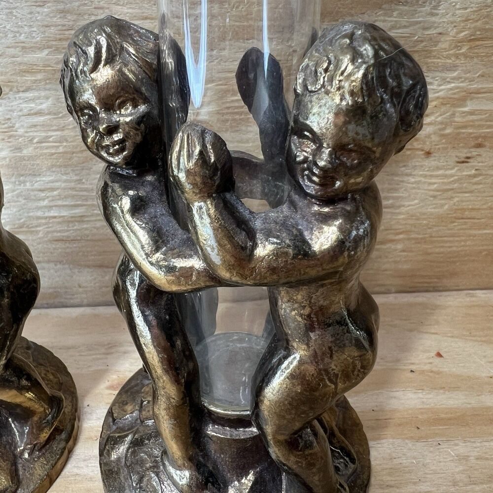 Vintage Victorian Style Cherub Bud Vases - Heavy Metal Angel Candle Holders Pair - Picture 2 of 7